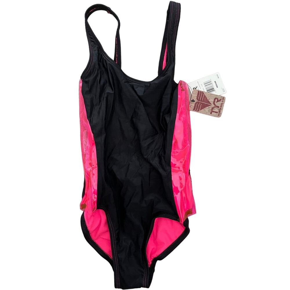 TYR Paparazzi Side Plastic Mailot Sheer Neon Retro Black Pink Size Medium - $66